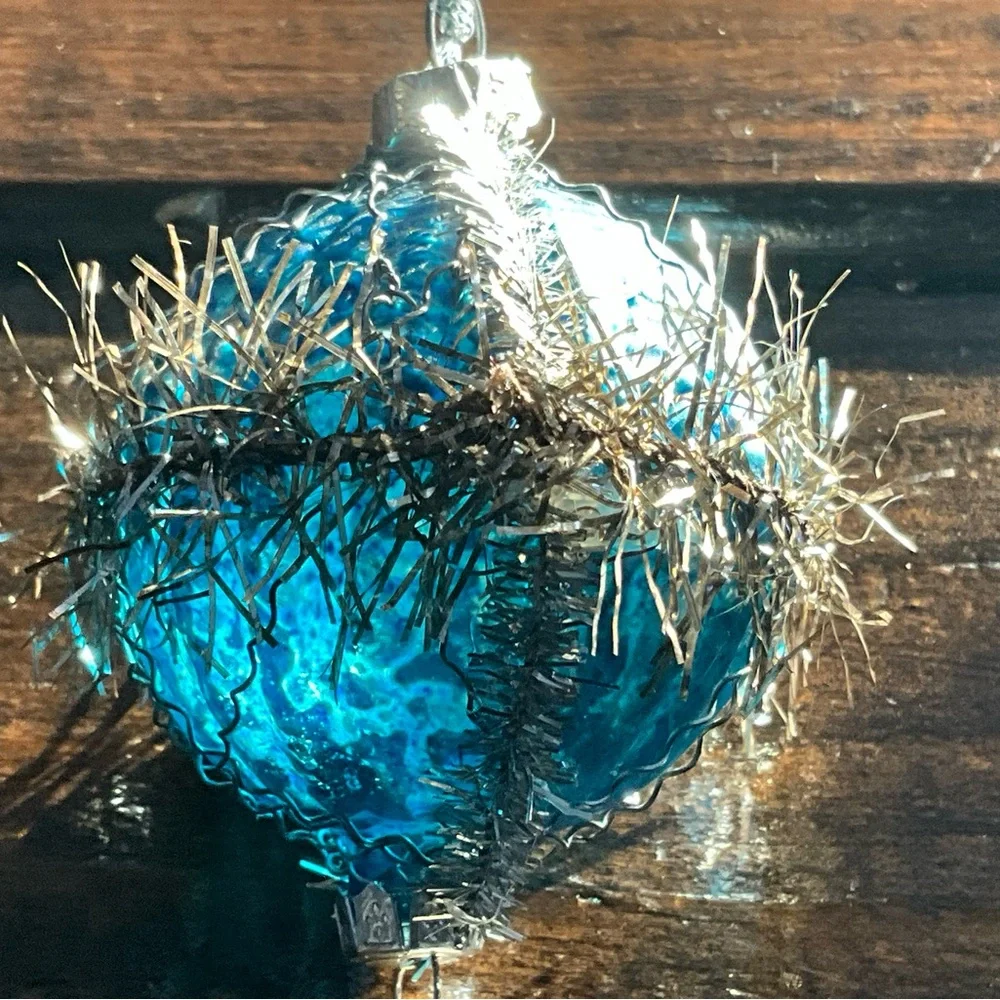 Unique Blue Glass Ornament with Wire Tinsel Beads
